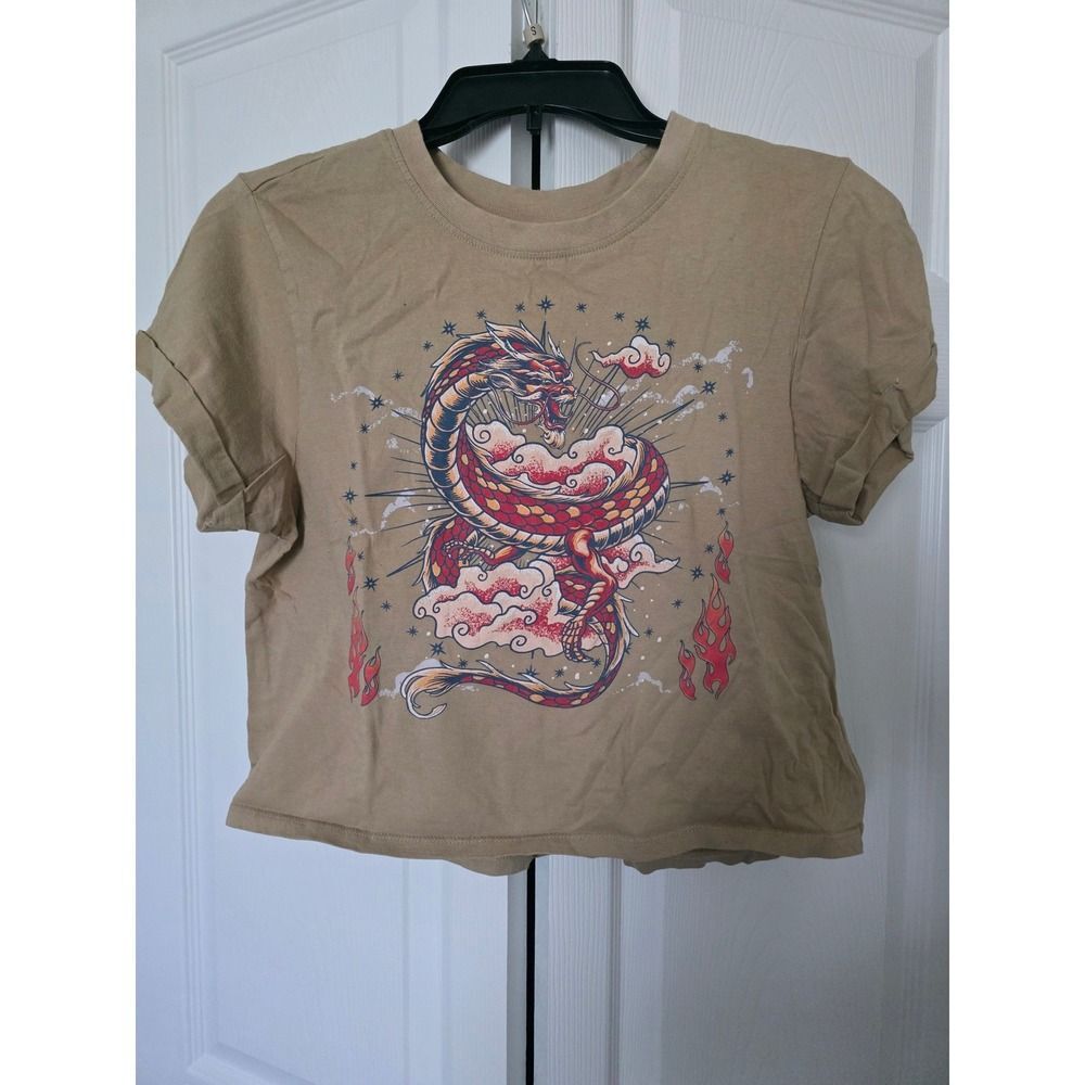 Y2K Vibe Dragon Graphic Crop Top Shirt Tan Size S Distressed Fairy Grunge Stars